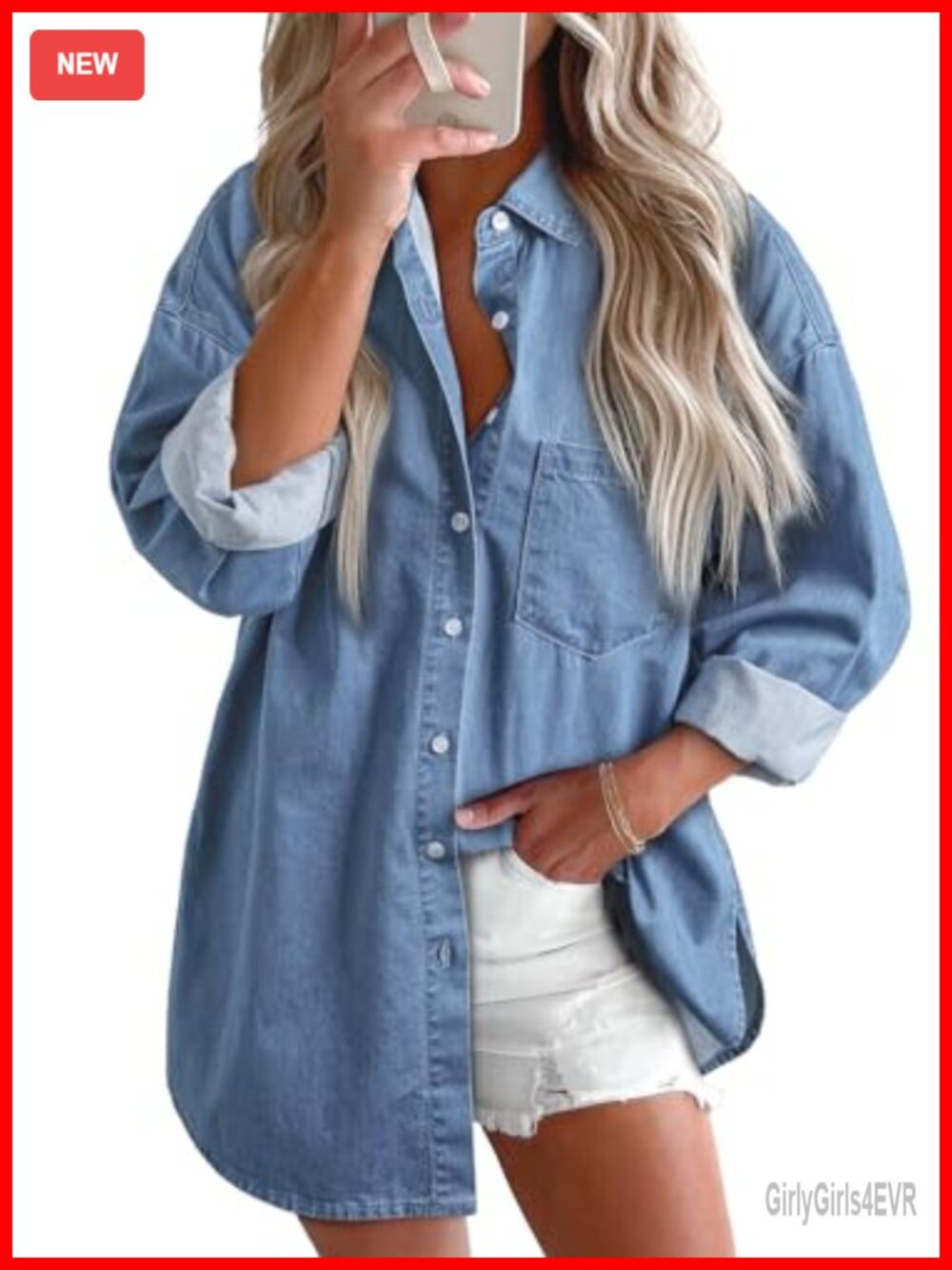 Women Denim Button Down Shirt Long Sleeve Boyfriend Blouse